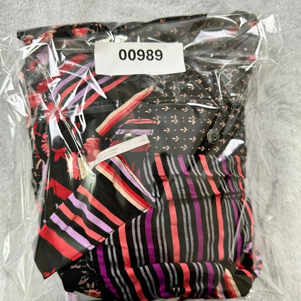 Free‎ People Button Down Shirt Womens Small Black Mixed Print Floral Stripe
